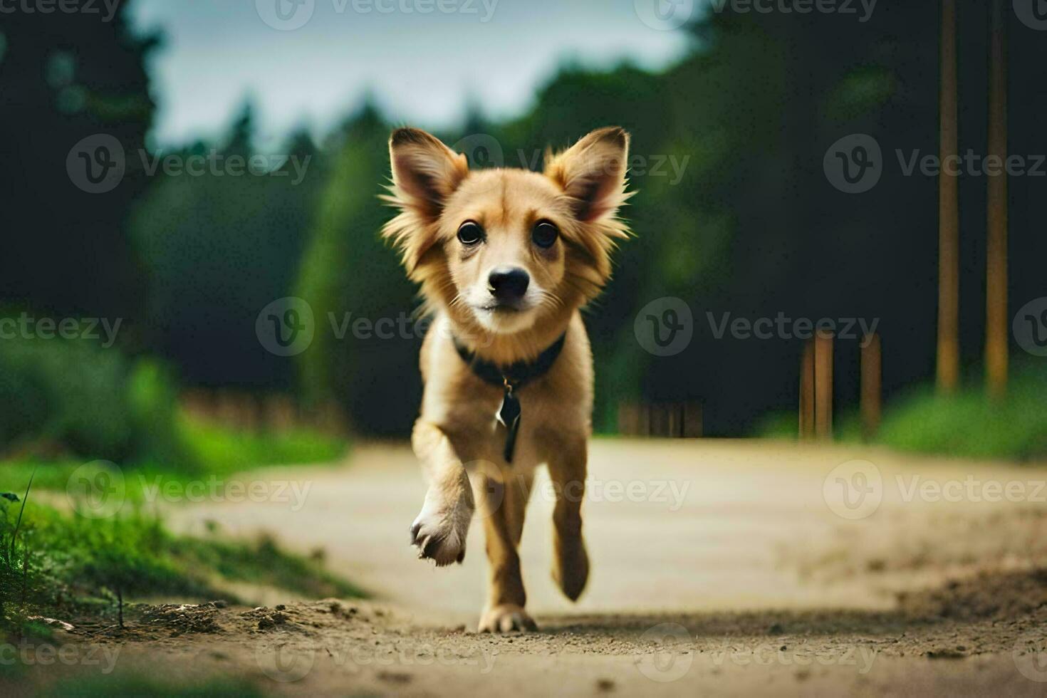 en hund löpning på en smuts väg. ai-genererad foto