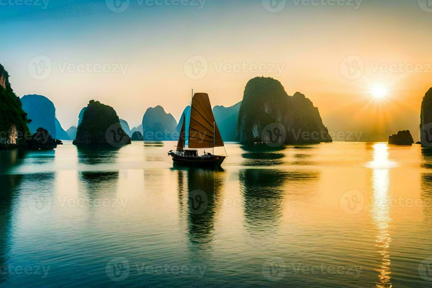 en båt segel i de vatten nära några berg. ai-genererad foto