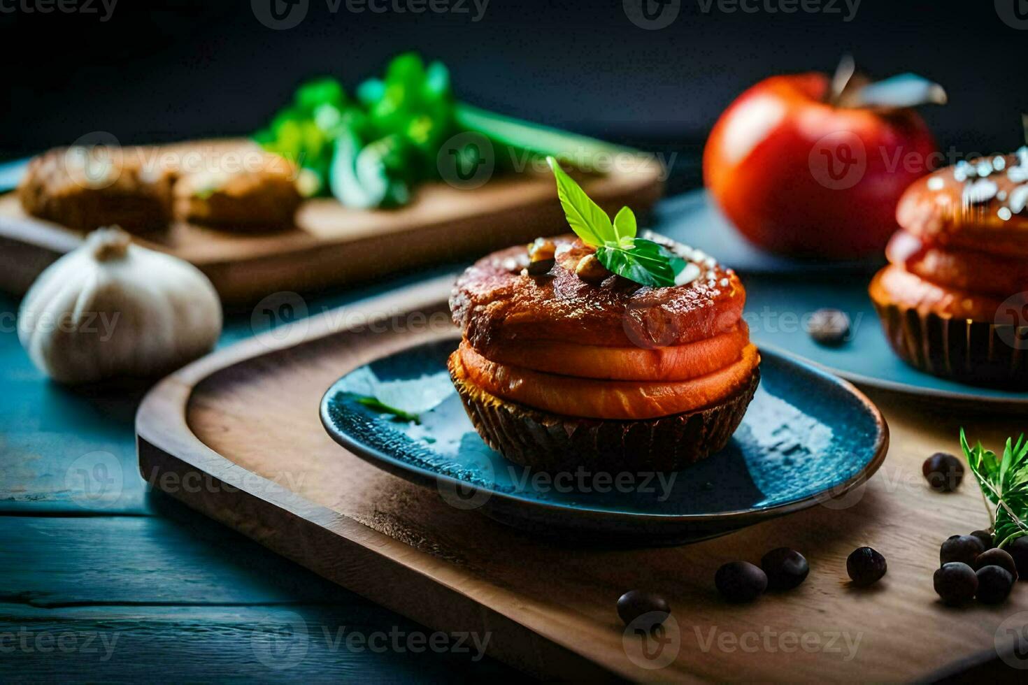 två små muffins med tomater och örter på en trä- skärande styrelse. ai-genererad foto