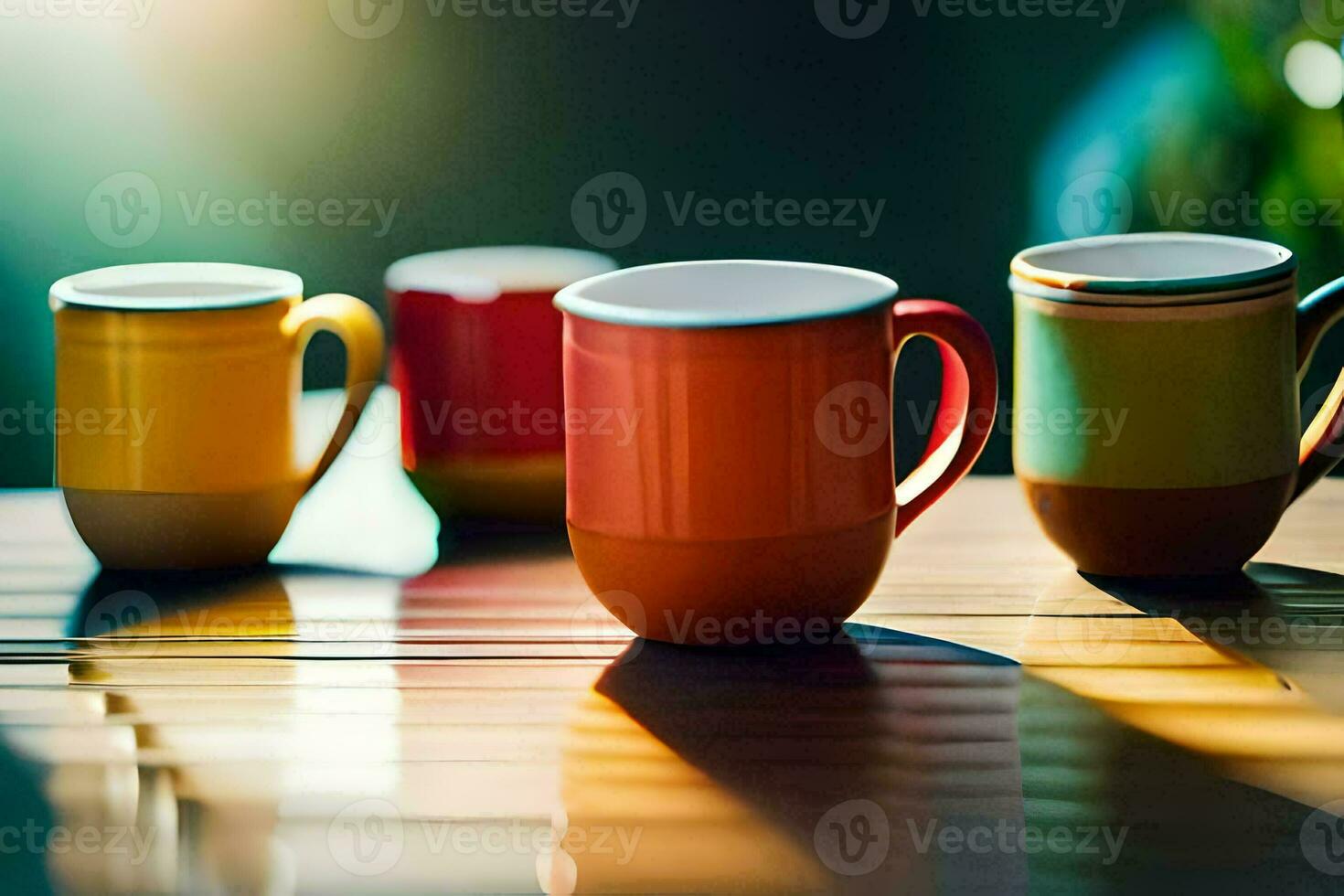 färgrik kaffe koppar på en trä- tabell. ai-genererad foto