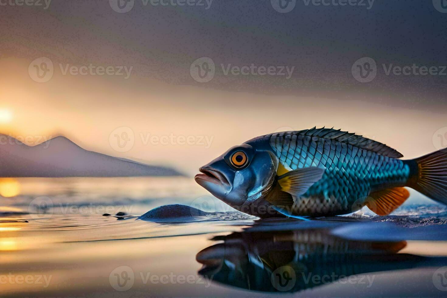 en fisk är stående i de vatten på solnedgång. ai-genererad foto
