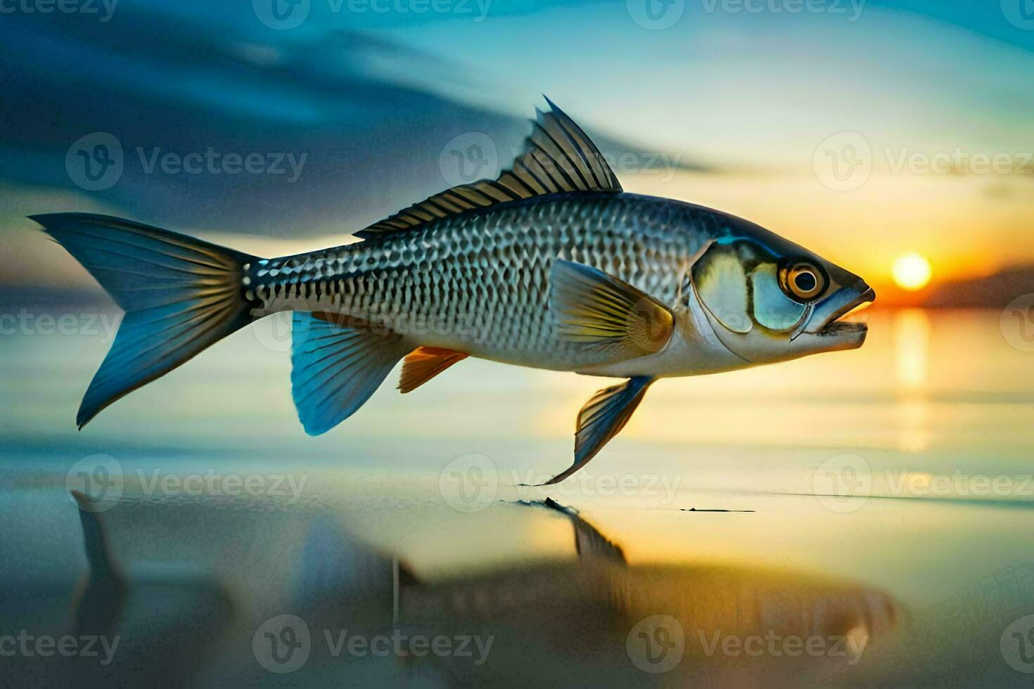 en fisk är Hoppar ut av de vatten på solnedgång. ai-genererad foto