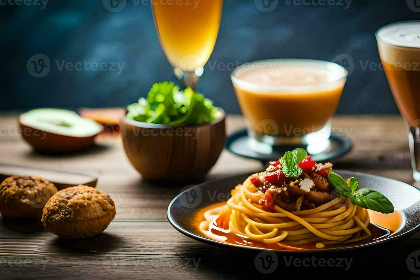 spaghetti med tomat sås och bröd på en trä- tabell. ai-genererad foto
