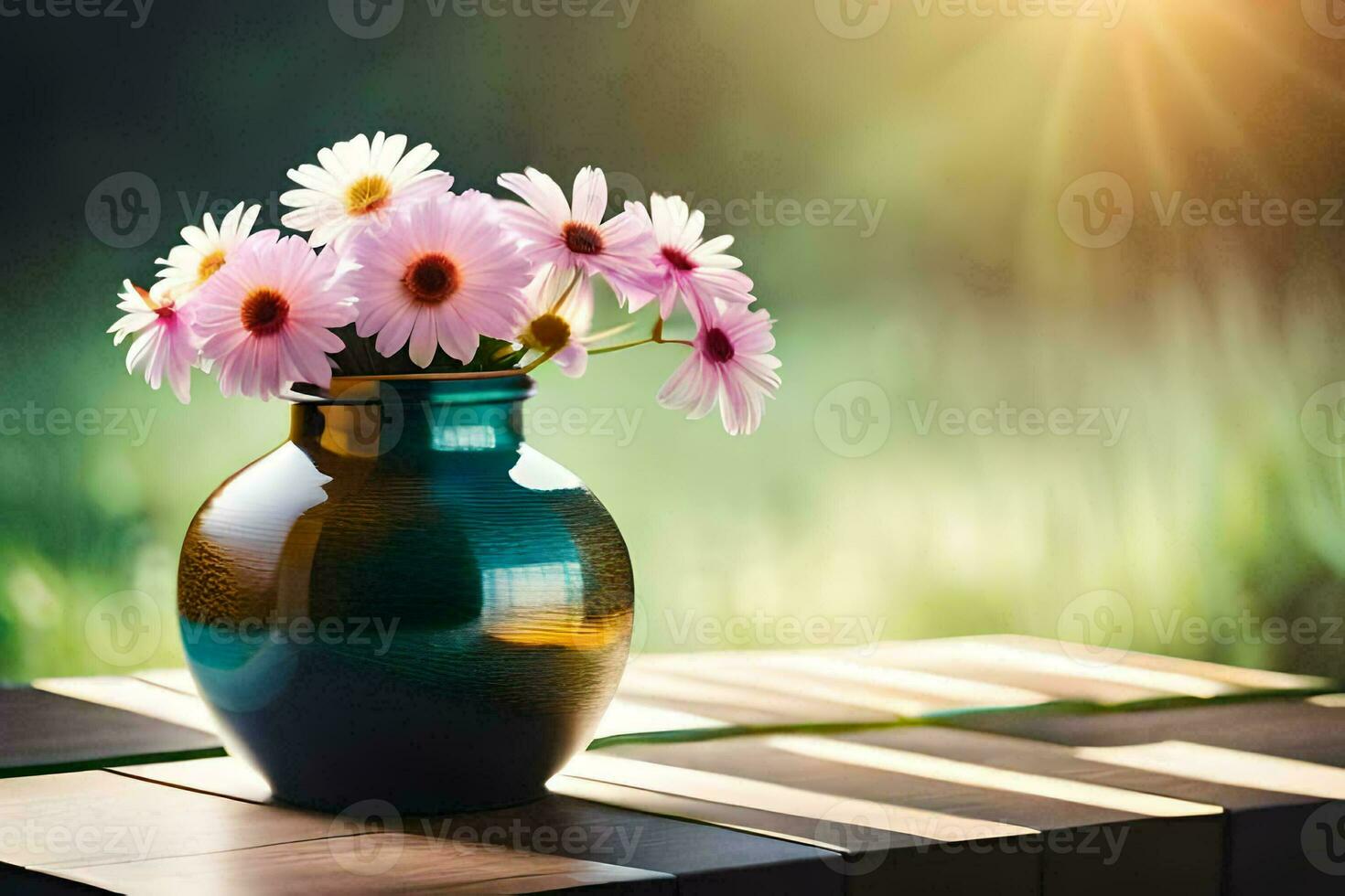 en vas av blommor på en tabell i de Sol. ai-genererad foto