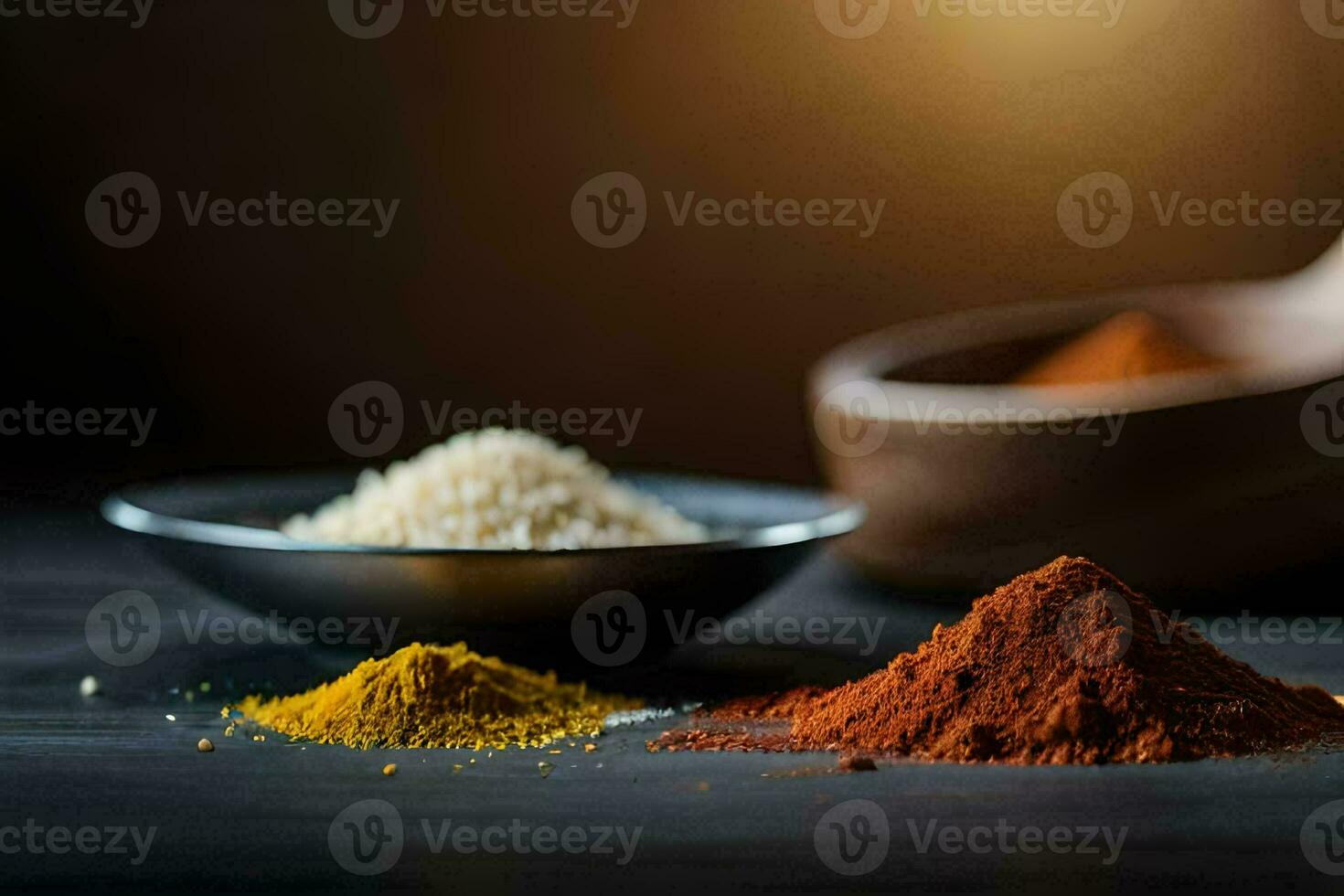 kryddor och kryddor på en trä- tabell. ai-genererad foto