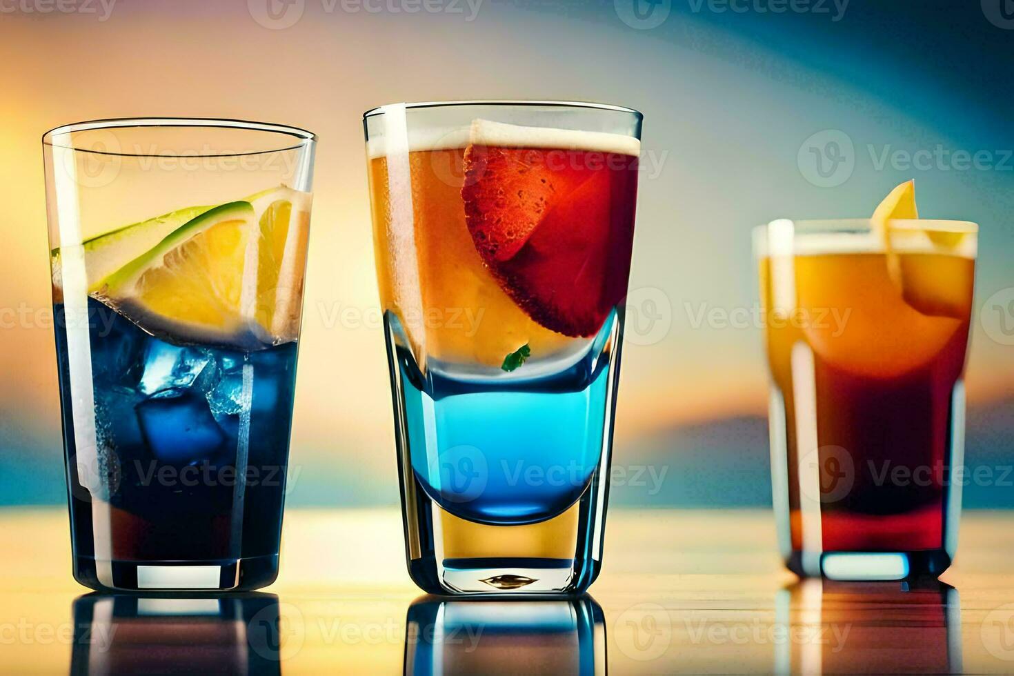 tre annorlunda färgad drycker i glasögon på en tabell. ai-genererad foto