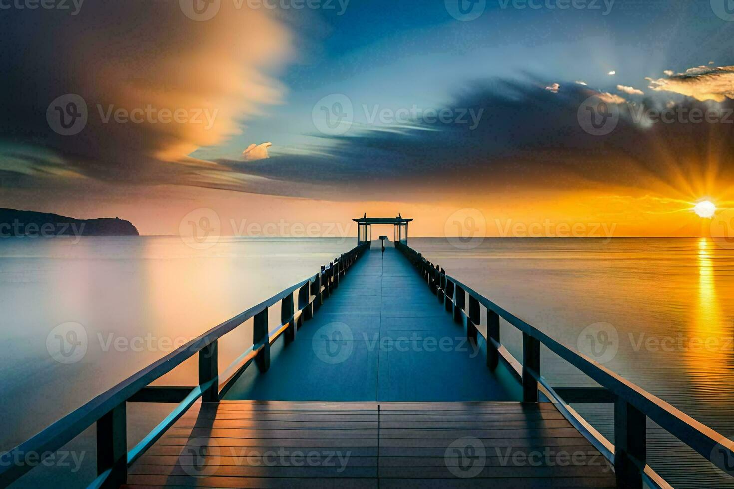 en lång exponering Foto av en pir på solnedgång. ai-genererad