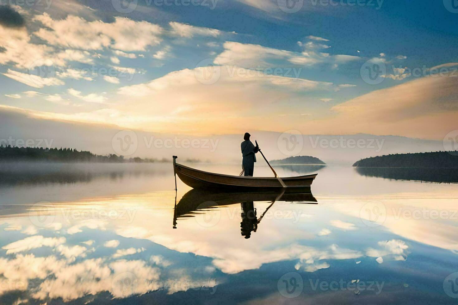 en man i en båt på en lugna sjö med en reflexion av de himmel. ai-genererad foto