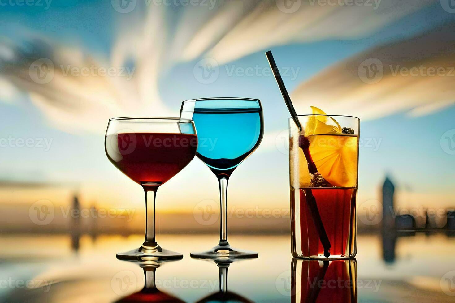 tre glasögon av vin och juice på en tabell. ai-genererad foto