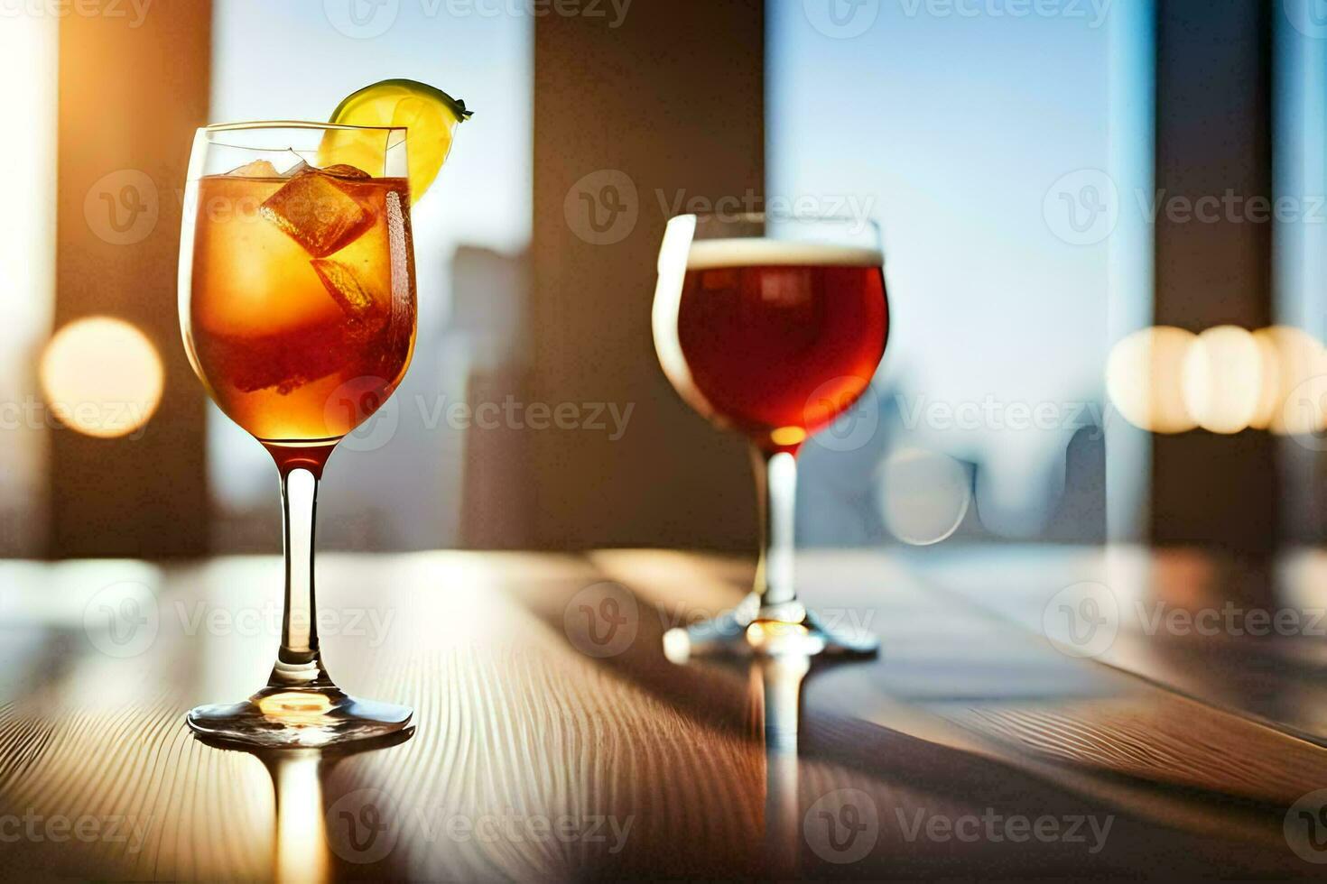 två glasögon av alkohol sitta på en tabell i främre av en stad horisont. ai-genererad foto