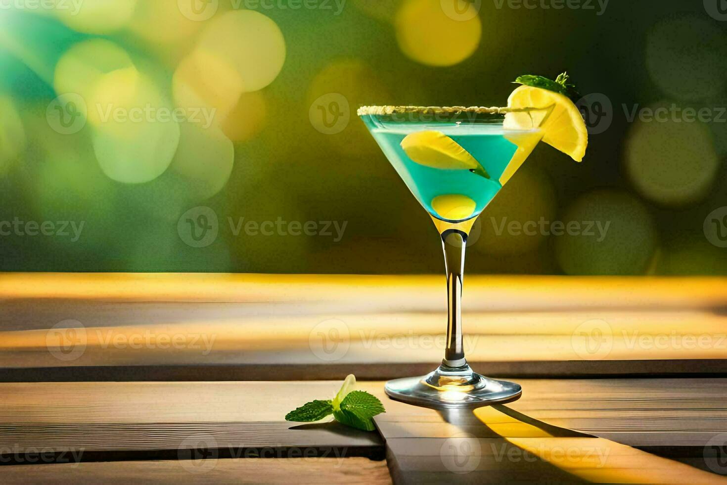 blå cocktail med citron- och mynta på en trä- tabell. ai-genererad foto