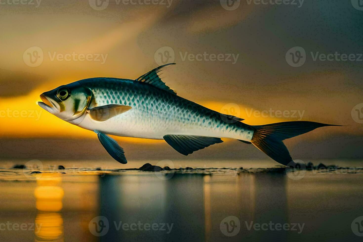 en fisk är flygande över de vatten på solnedgång. ai-genererad foto