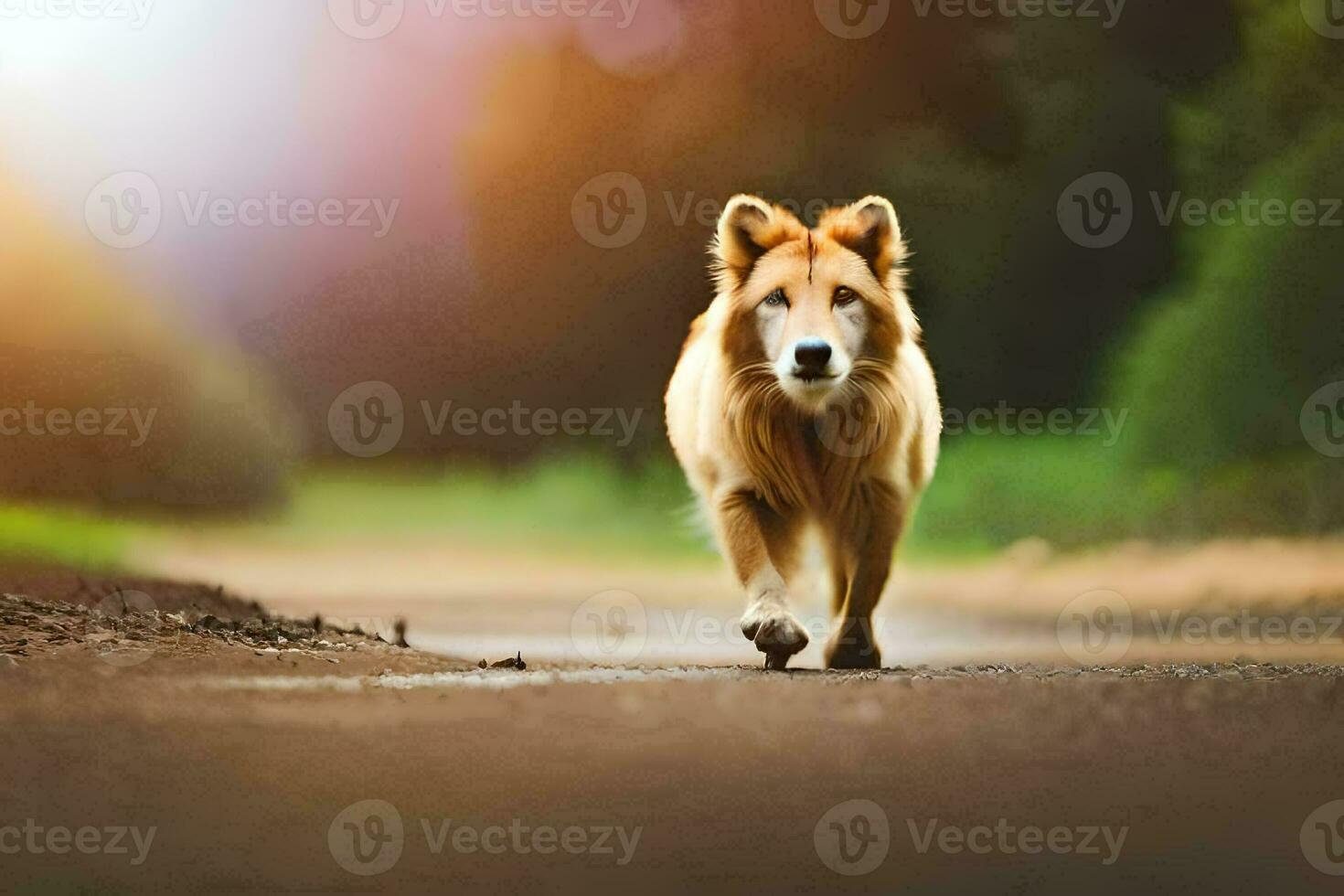 en hund gående på en väg i de mitten av de dag. ai-genererad foto