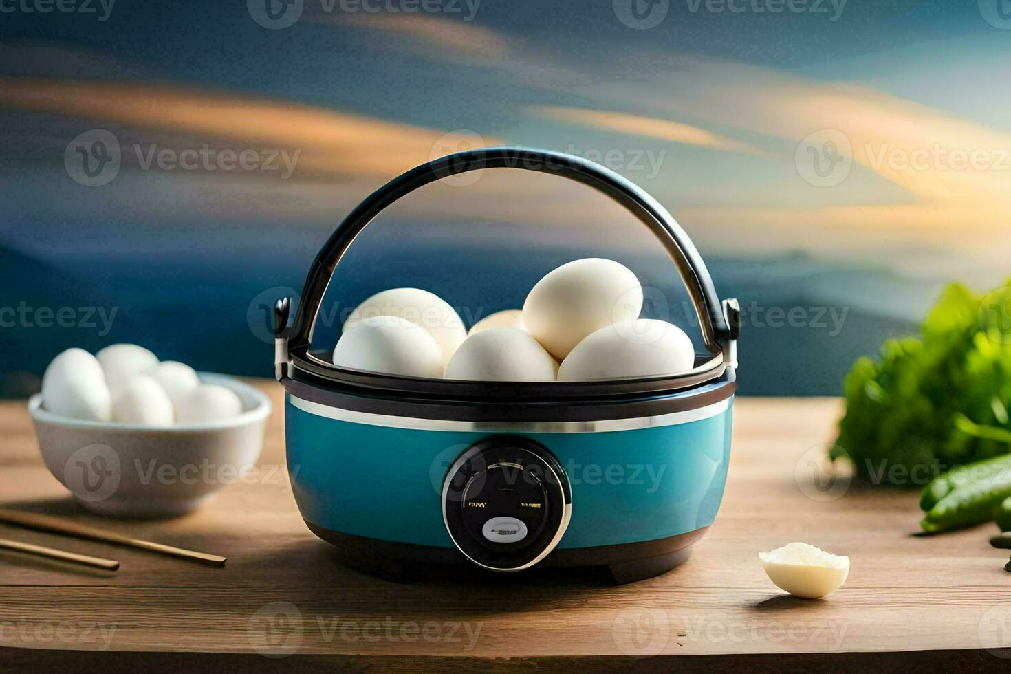 ett elektrisk ris spis med ägg i Det. ai-genererad foto