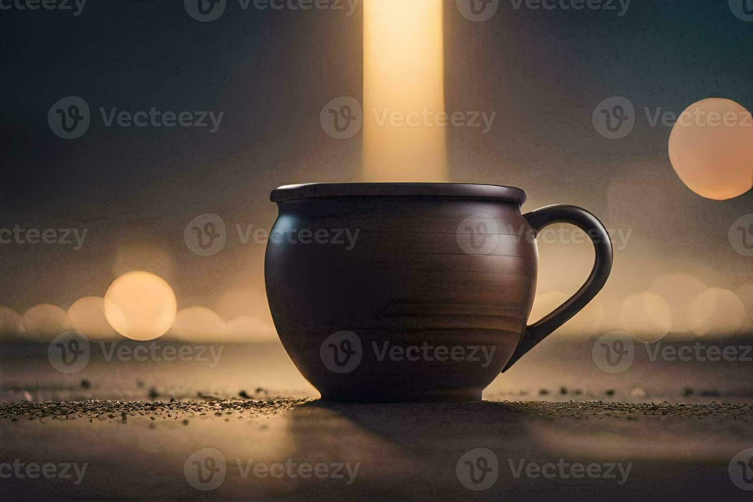 en kaffe kopp på en tabell med suddig lampor. ai-genererad foto