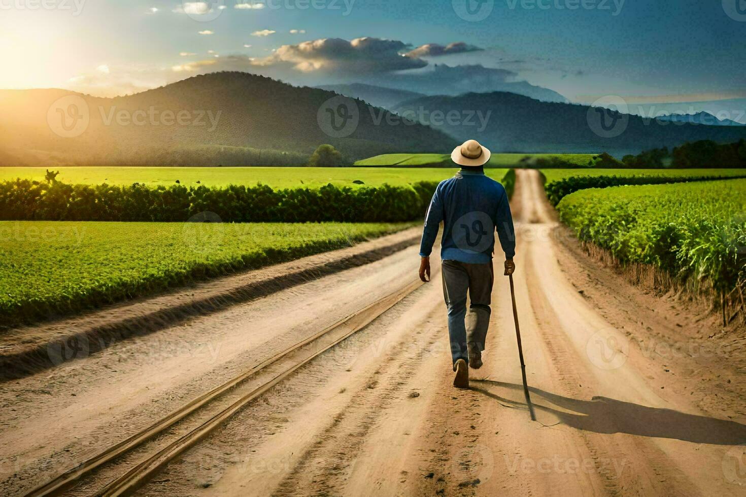 en man gående på en smuts väg med sockerrör. ai-genererad foto