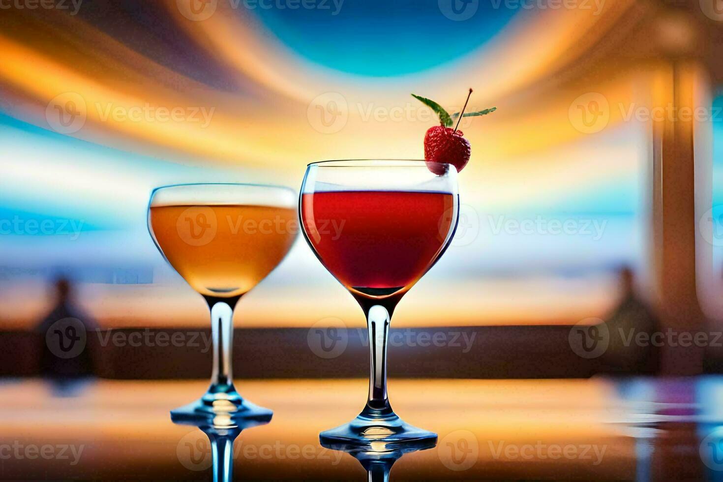 två glasögon av vin med en jordgubb på topp. ai-genererad foto