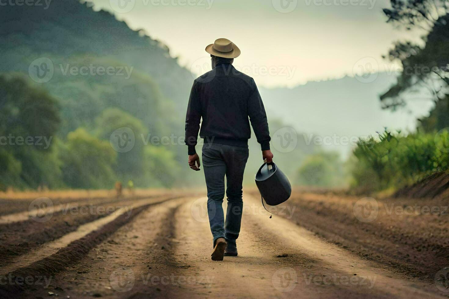 en man med en hatt gående ner en smuts väg. ai-genererad foto