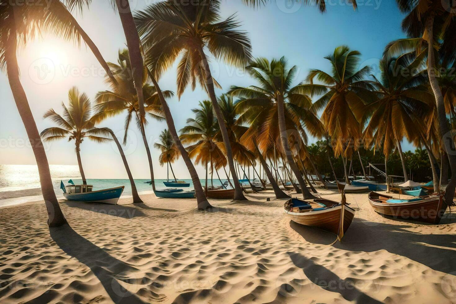 båtar på de strand i främre av handflatan träd. ai-genererad foto