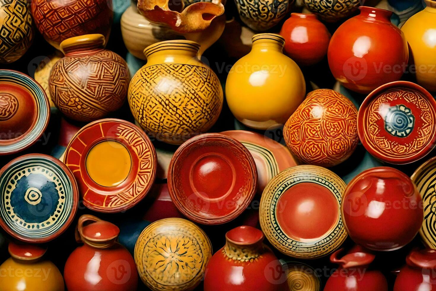 många färgrik krukmakeri vaser är visas i en visa. ai-genererad foto