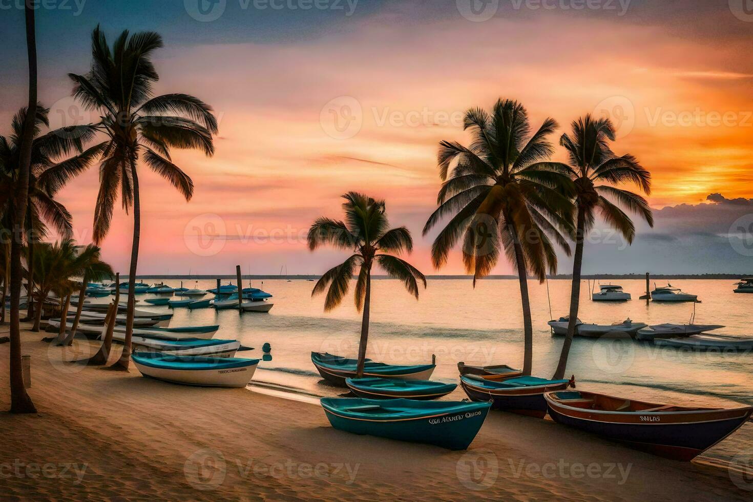 båtar på de strand på solnedgång. ai-genererad foto