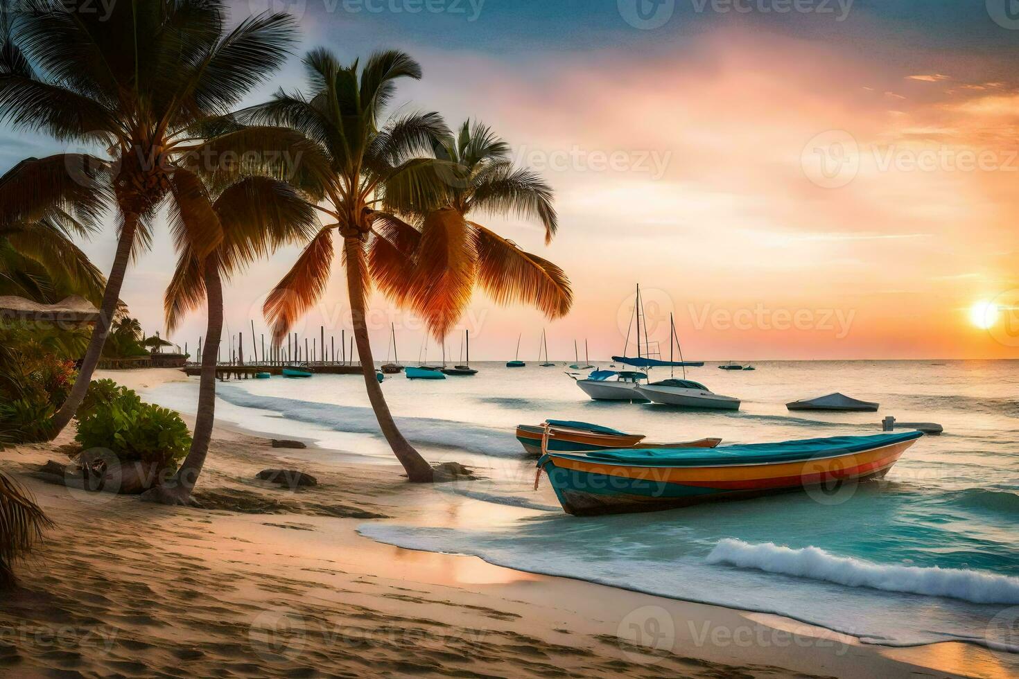 en båt sitter på de strand på solnedgång med handflatan träd. ai-genererad foto