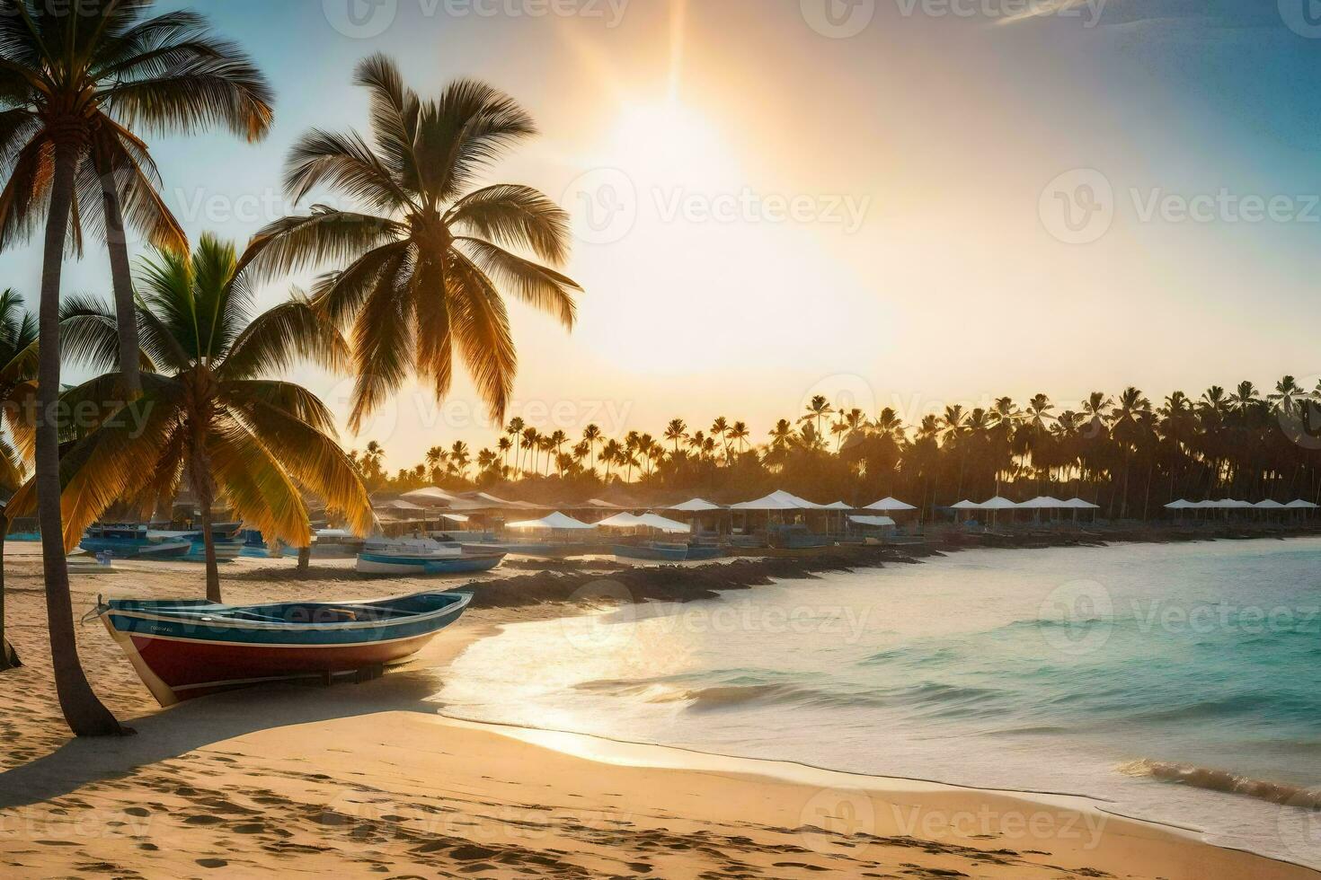 en båt på de strand på solnedgång. ai-genererad foto