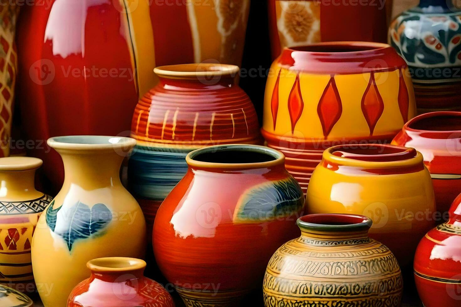 många färgrik vaser är visas på en tabell. ai-genererad foto