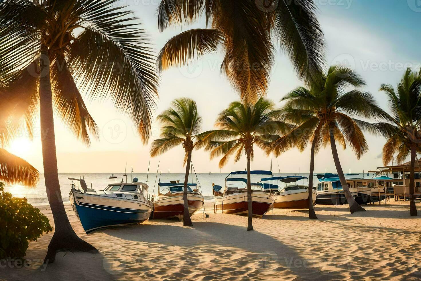 båtar är dockad på de strand på solnedgång. ai-genererad foto