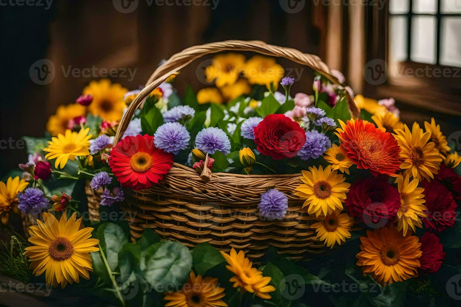 en korg full av färgrik blommor på en tabell. ai-genererad foto