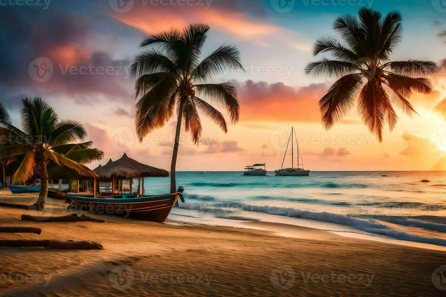 en solnedgång på de strand med handflatan träd och båtar. ai-genererad foto