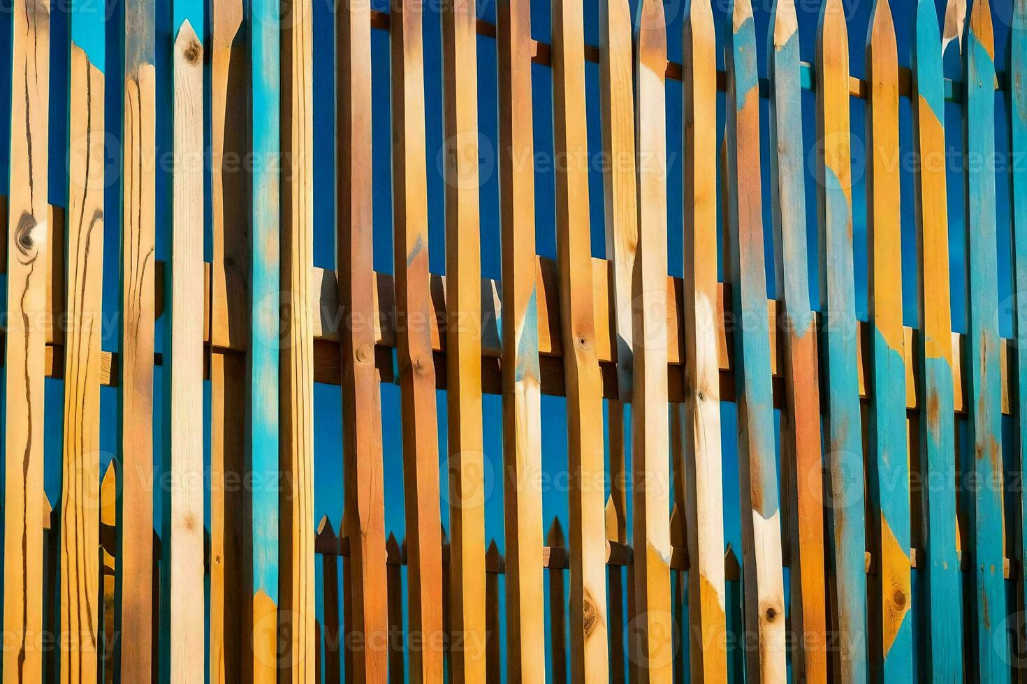 en staket tillverkad av trä- pinnar med en blå himmel i de bakgrund. ai-genererad foto