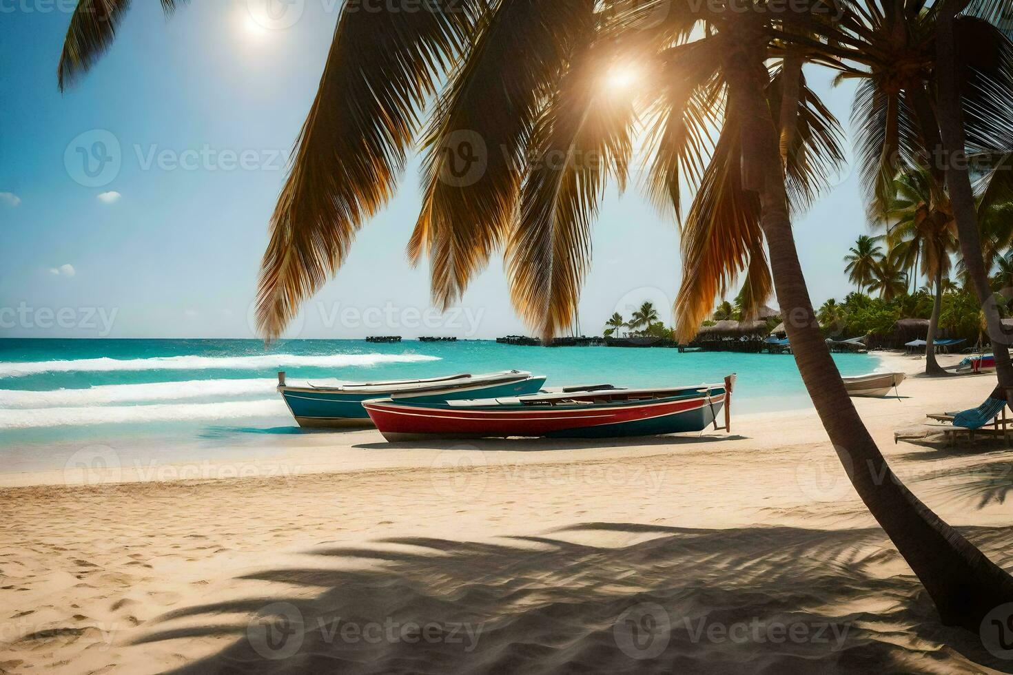 två båtar sitta på de strand nära handflatan träd. ai-genererad foto