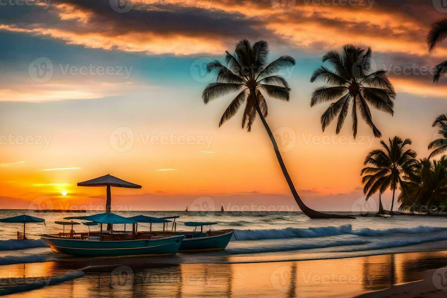 en båt sitter på de strand på solnedgång. ai-genererad foto