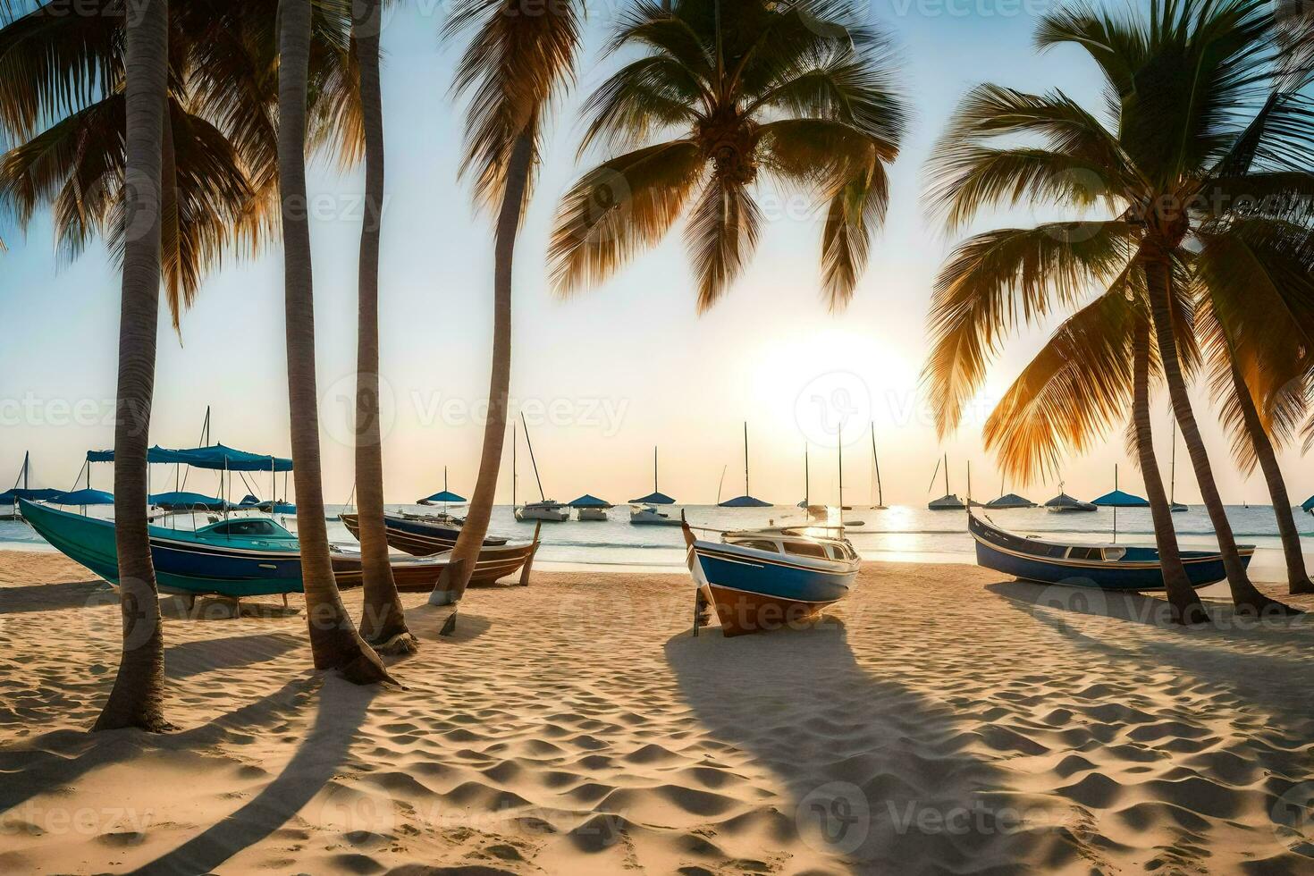 båtar är dockad på de strand på solnedgång. ai-genererad foto