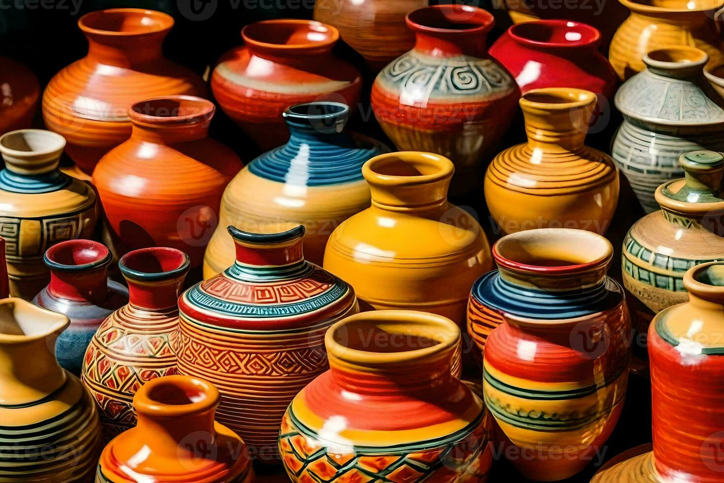 många färgrik vaser är visas i en rad. ai-genererad foto