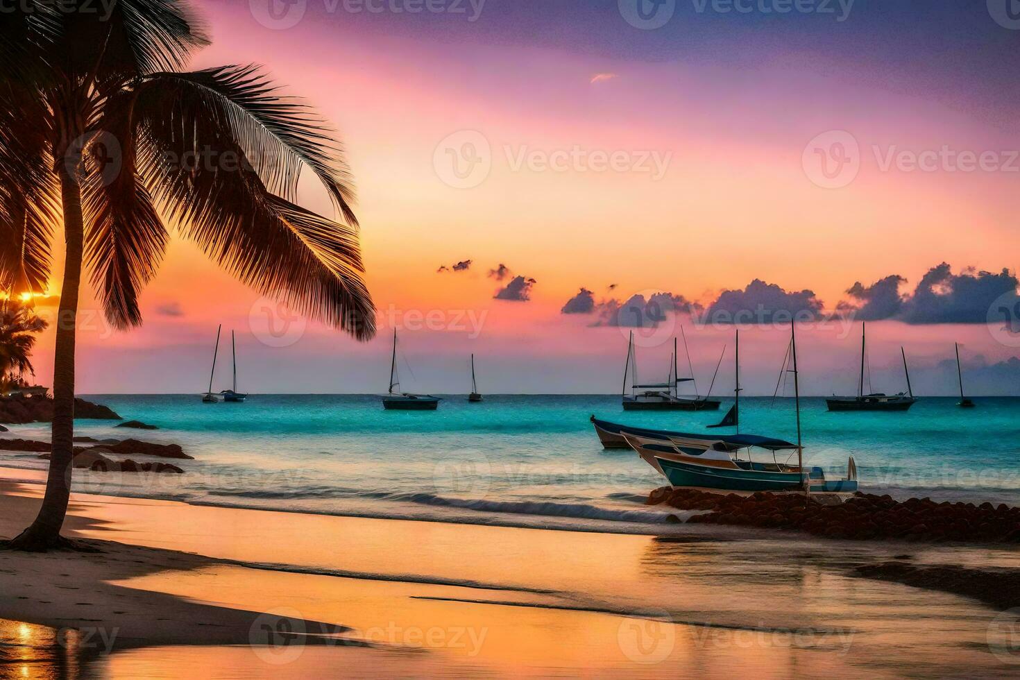 en skön strand med handflatan träd och båtar på solnedgång. ai-genererad foto