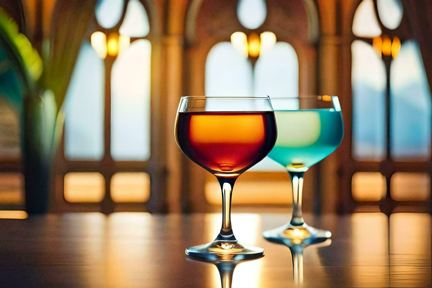 två glasögon av vin på en tabell i främre av en fönster. ai-genererad foto