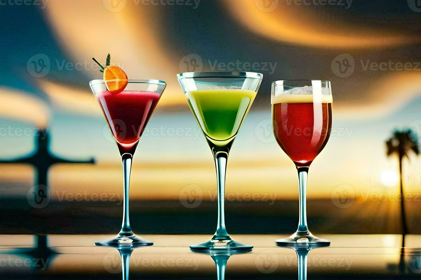 tre annorlunda drycker är visad i främre av en solnedgång. ai-genererad foto