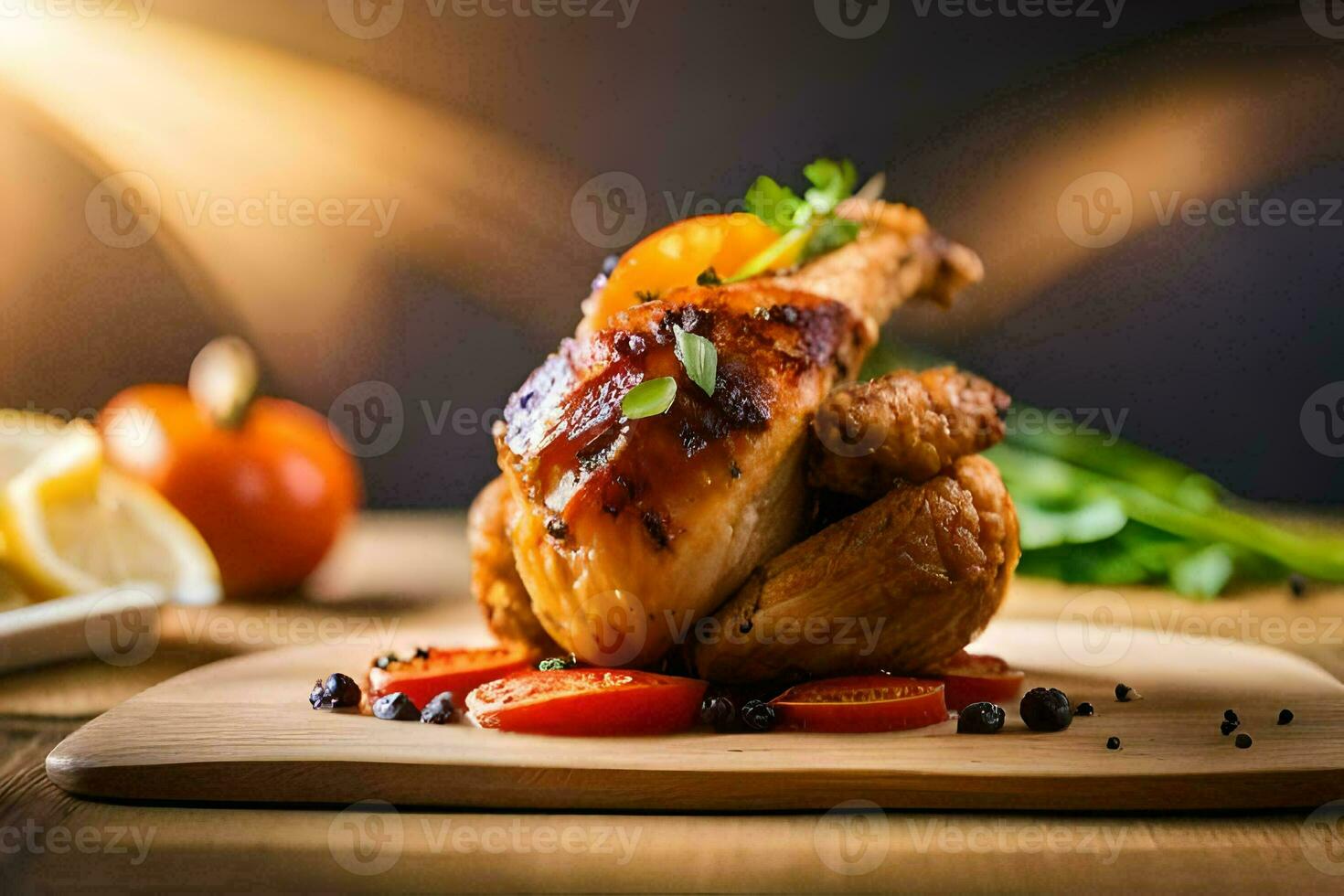 en kyckling på en trä- skärande styrelse med tomater och örter. ai-genererad foto
