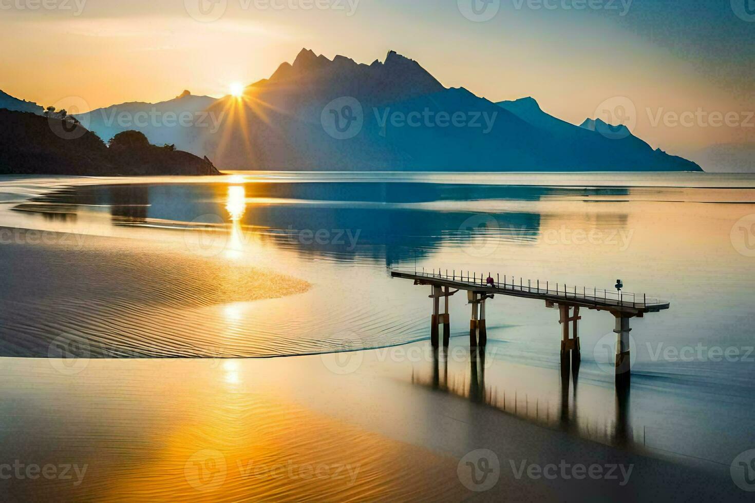 en pir i de mitten av en sjö med bergen i de bakgrund. ai-genererad foto