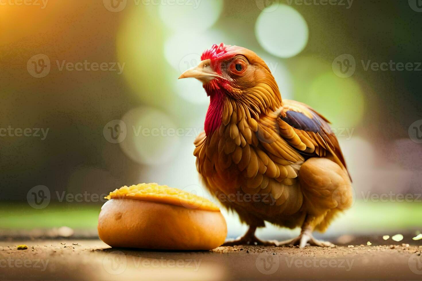 en kyckling är stående Nästa till en bröd. ai-genererad foto