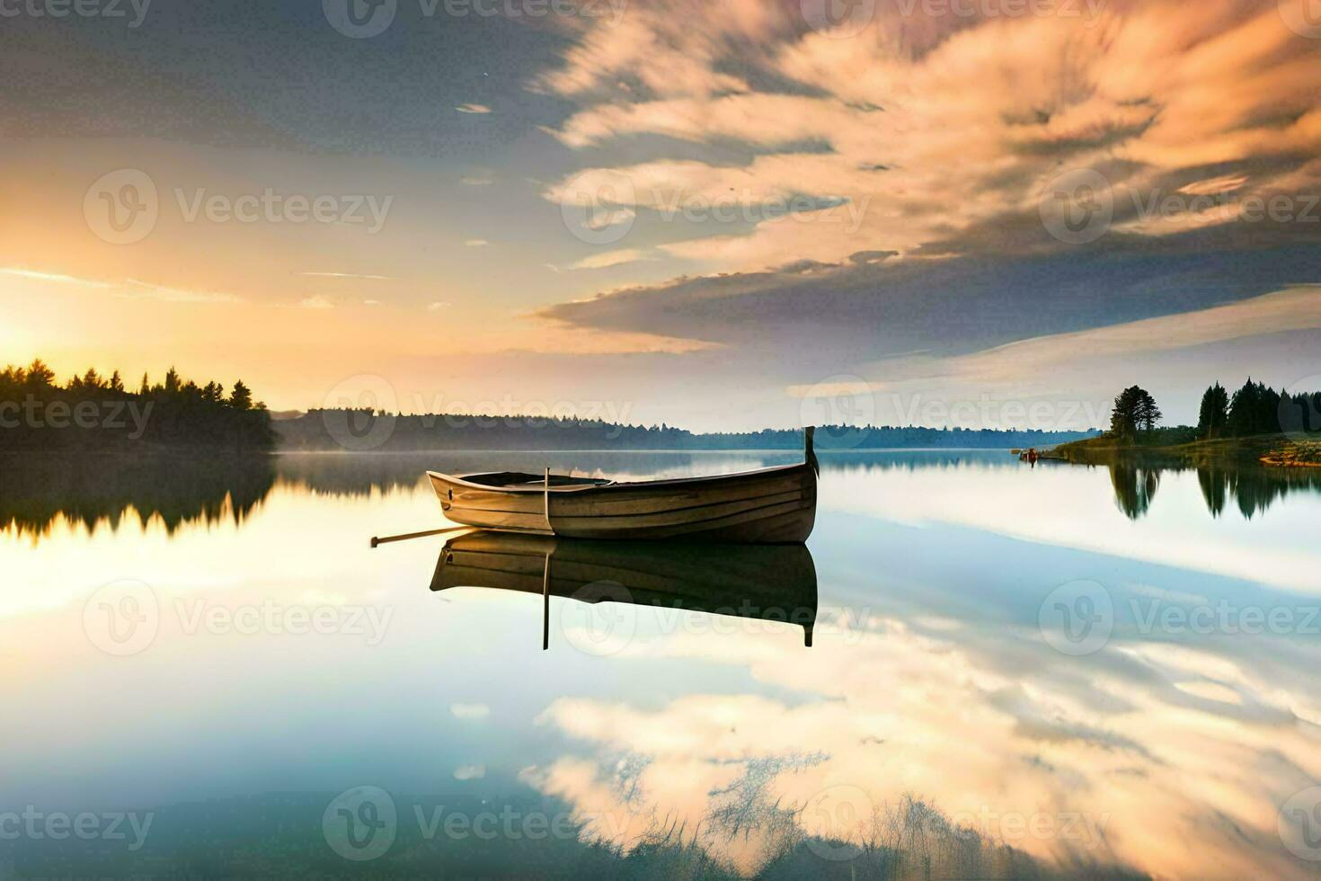 en båt är flytande på de lugna vatten på solnedgång. ai-genererad foto