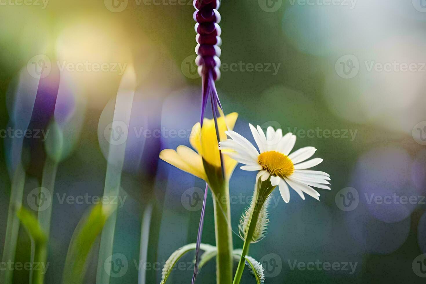 en gul och vit blomma är i de förgrund. ai-genererad foto