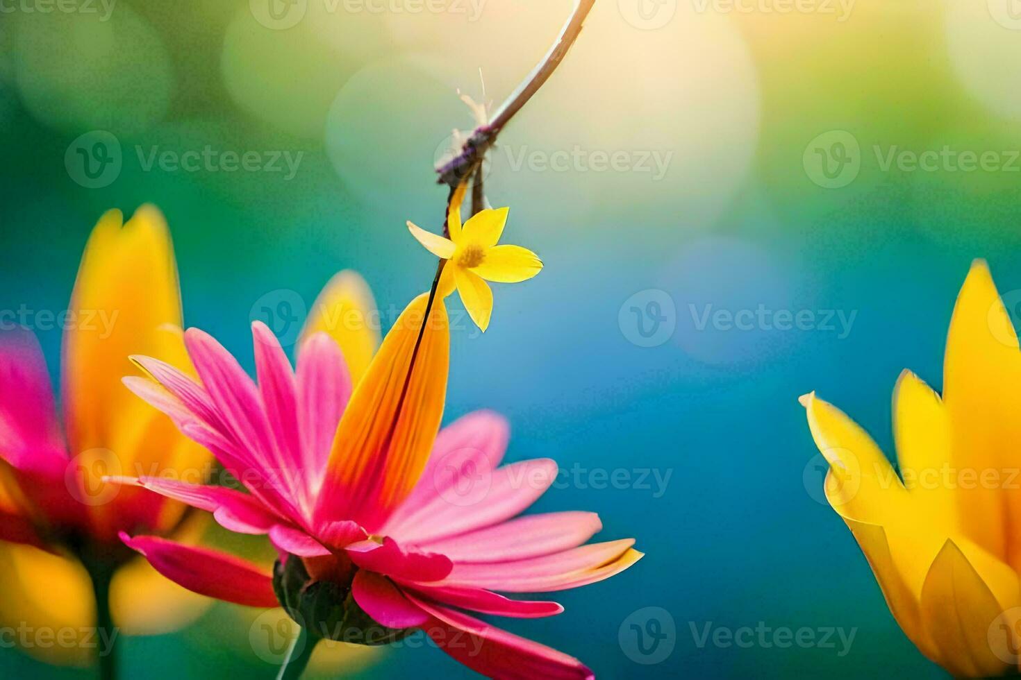 färgrik blommor med en ljus Sol i de bakgrund. ai-genererad foto