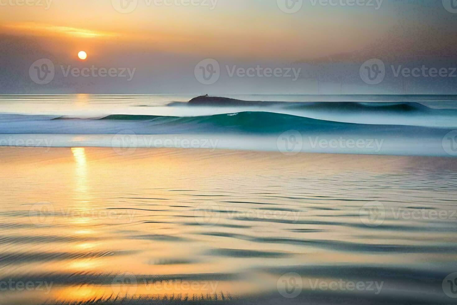 en solnedgång över de hav med vågor och en båt. ai-genererad foto