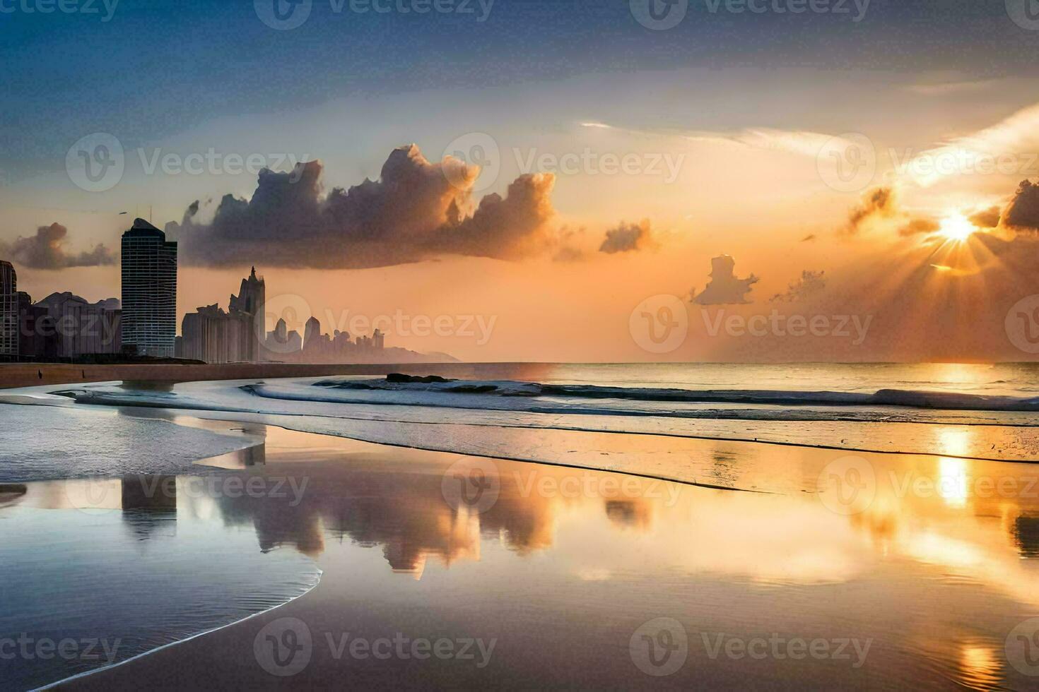 de Sol uppsättningar över de stad horisont på en strand. ai-genererad foto