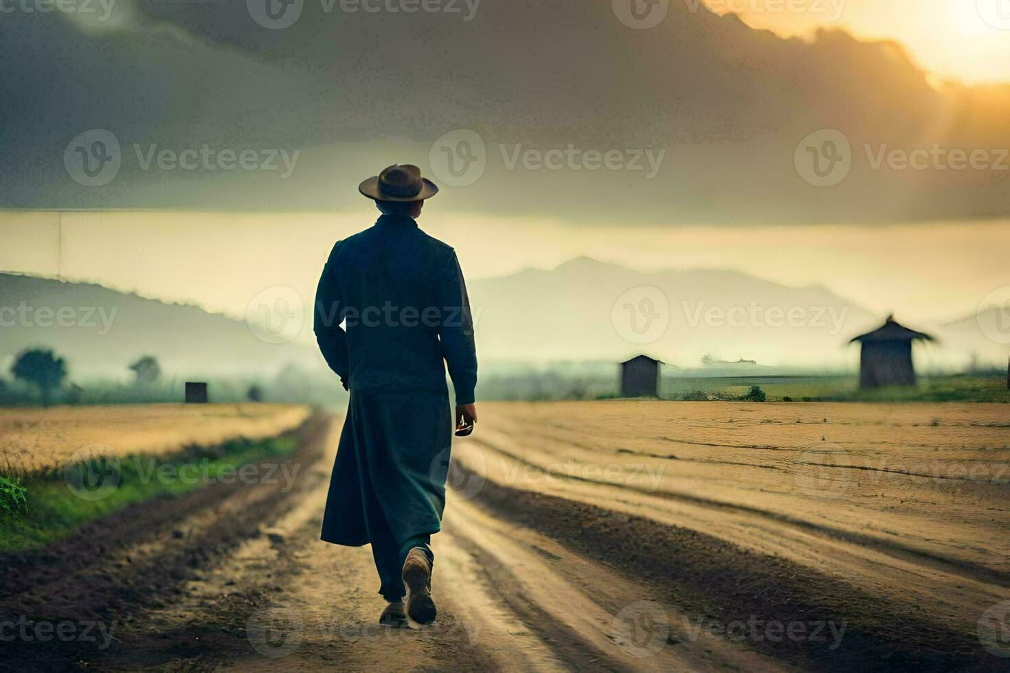 en man i en hatt promenader ner en smuts väg. ai-genererad foto