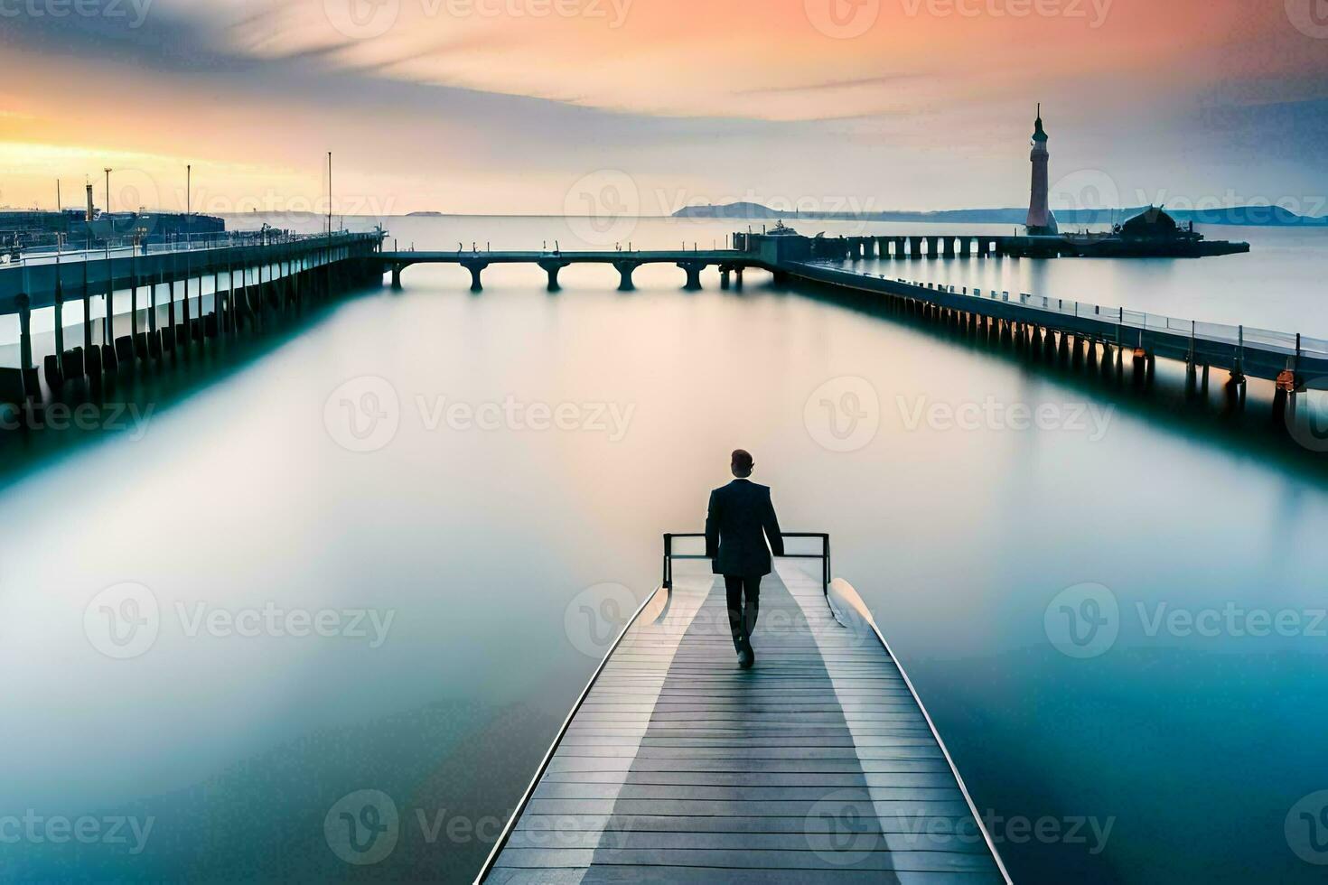 en man promenader längs en pir på solnedgång. ai-genererad foto
