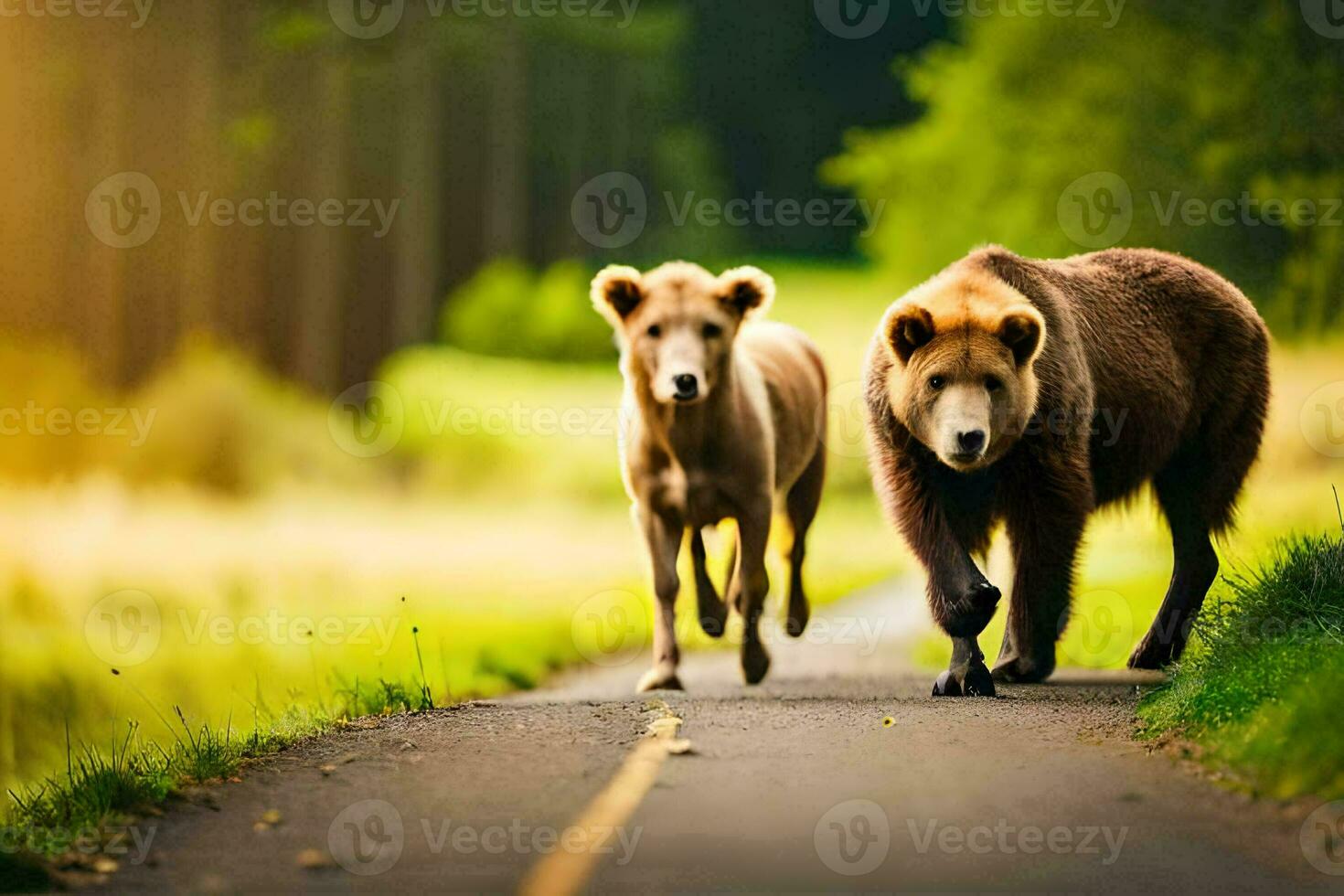 två brun björnar gående ner en väg i de skogen. ai-genererad foto
